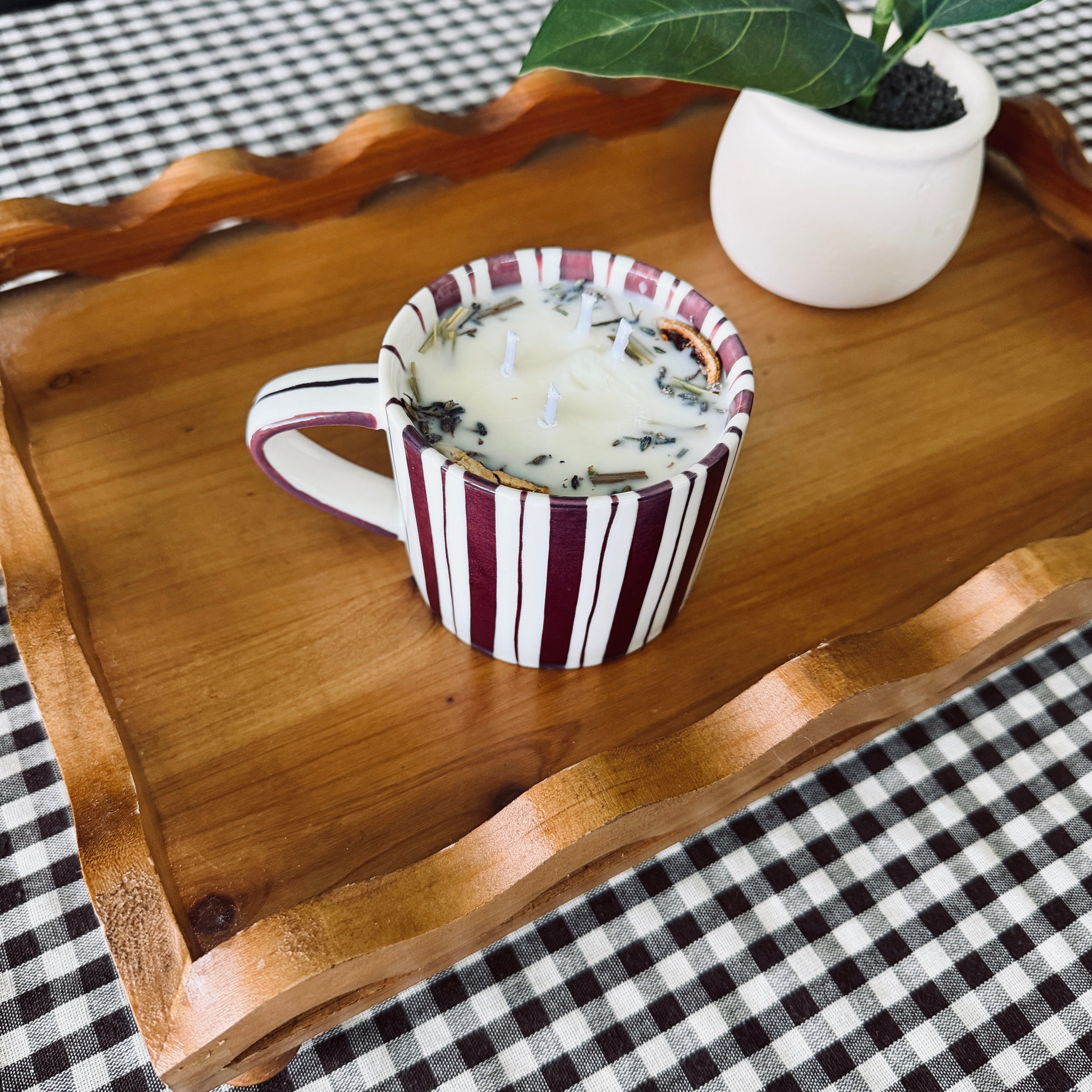 Clean Ingredient Hand Poured Candle in Maroon Striped Noon & Moon Glass Mug