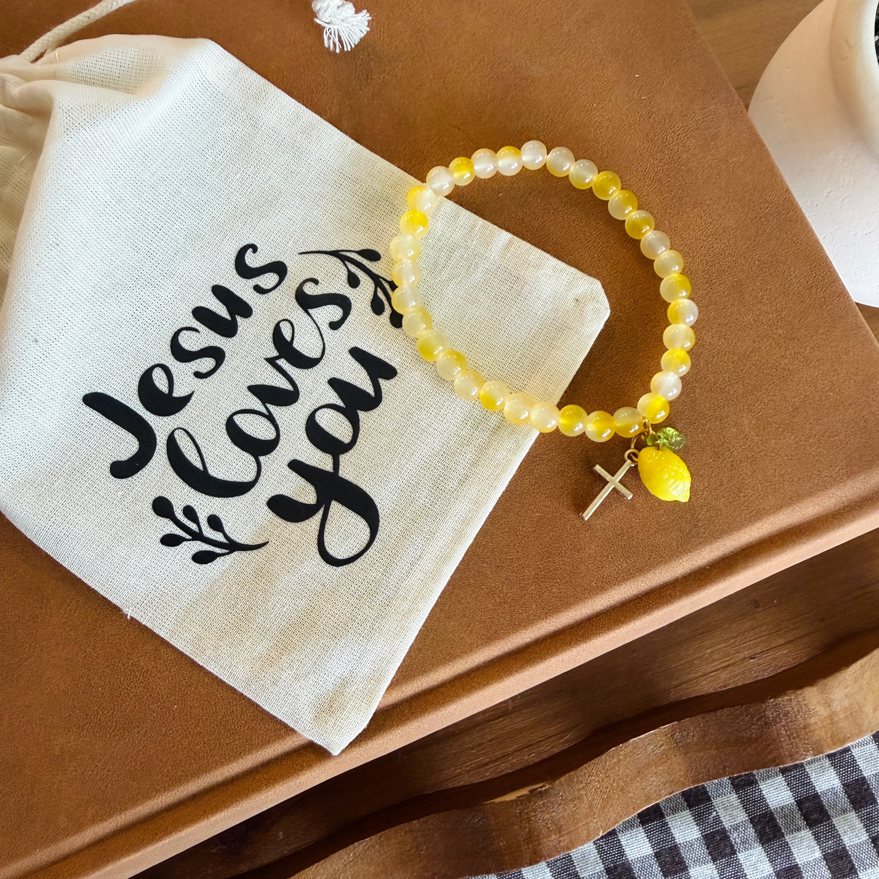 “Life Gives You Lemons, Jesus Makes Lemonade” Handmade Glass Bead Stretch Bracelet with Lemon and Cross Charm