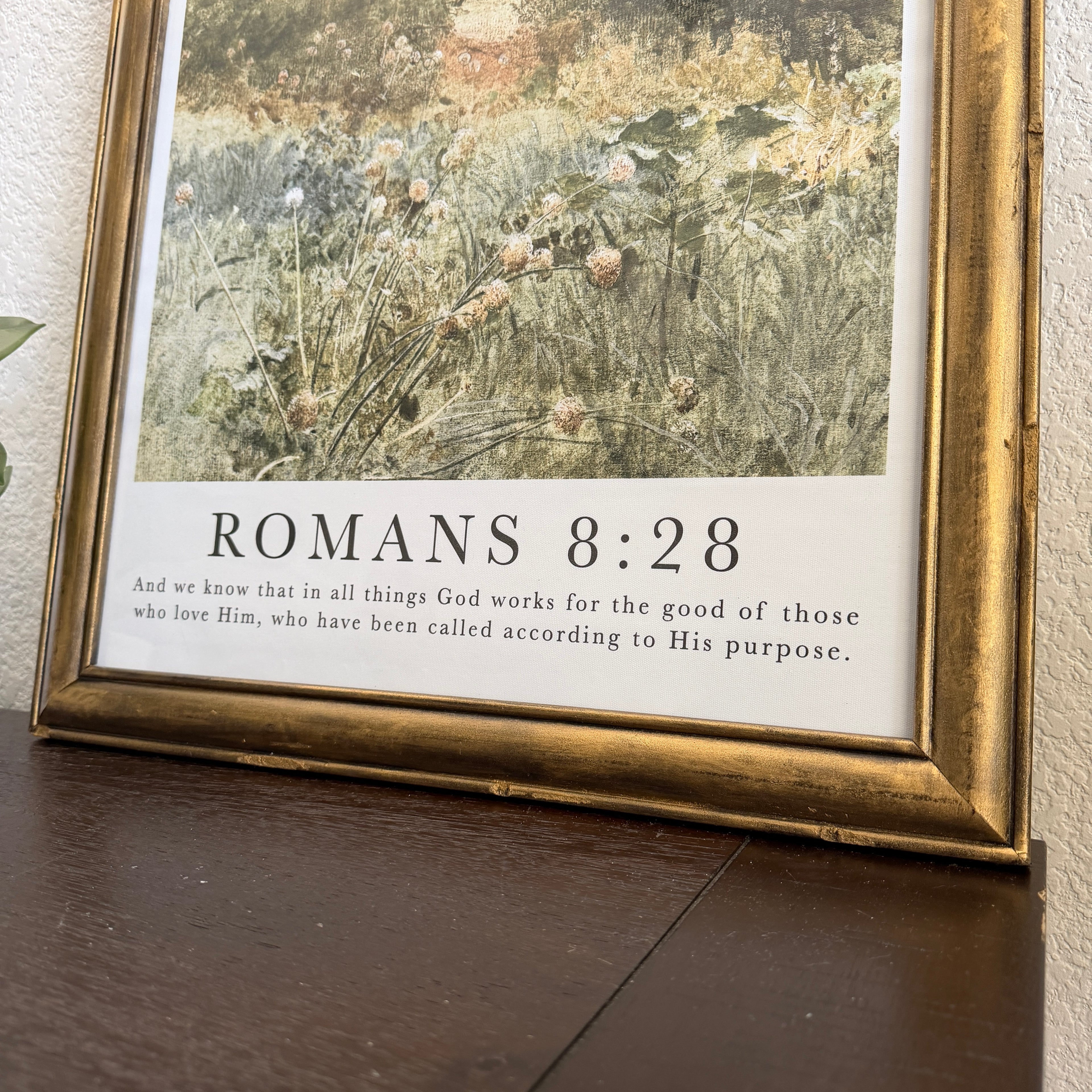 Romans 8:28 Bible Verse Print in Refinished Vintage Distressed Wood Frame 16x20