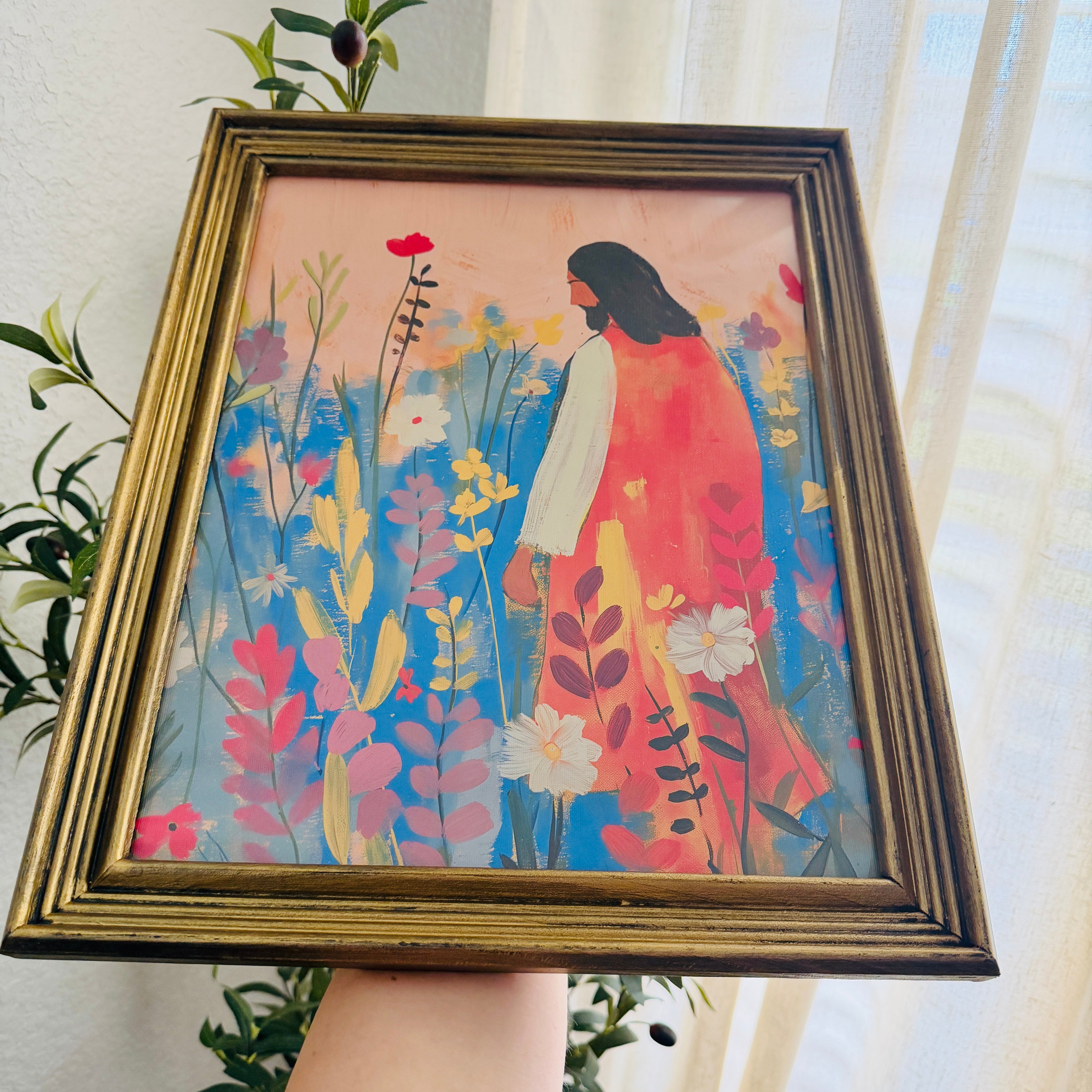 Bloom with Christ Print in Vintage Wood Refinished Frame 11x14