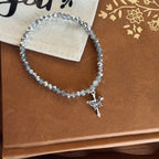 “New Creation” Handmade Glass Bead Stretch Bracelet with Butterfly Cross Charm