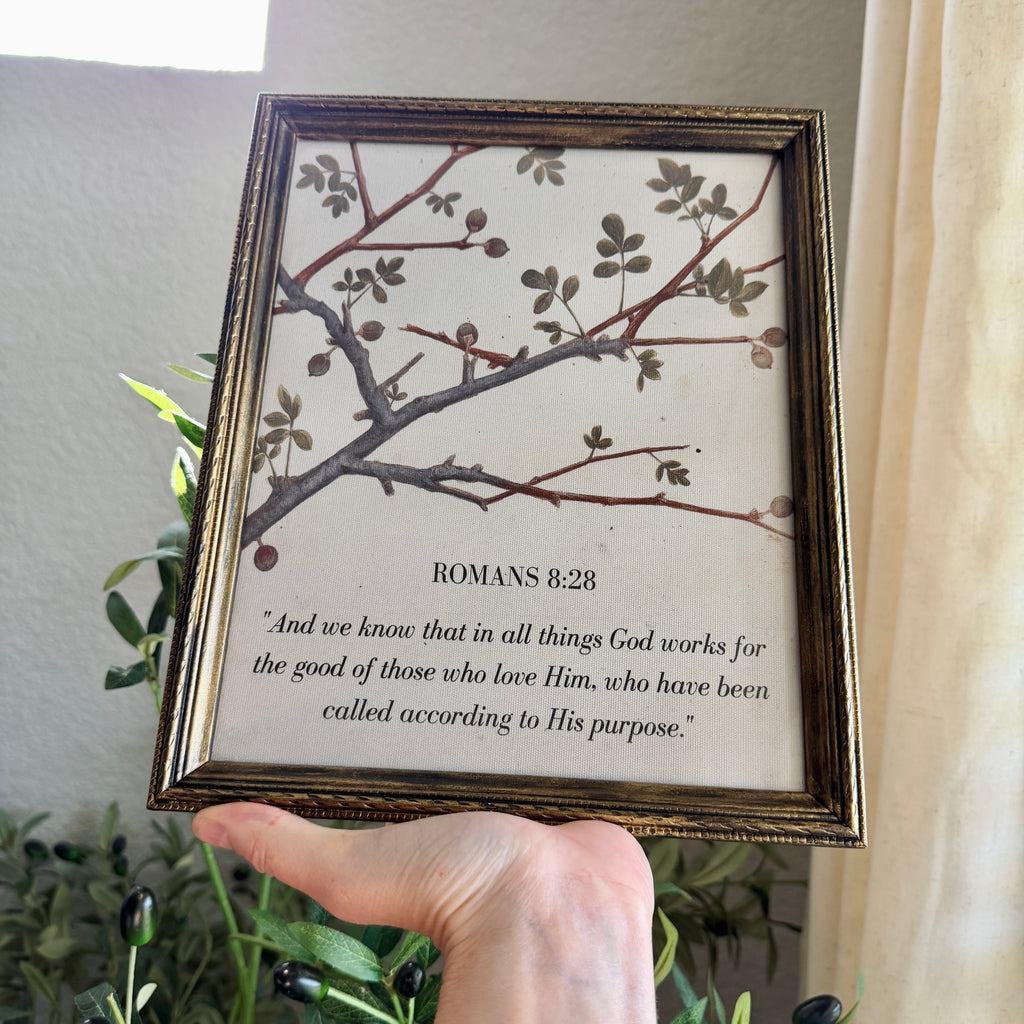 Romans 8:28 “God Works for the Good” Bible Verse in Refinished Vintage Detailed Wood Frame with Velvet Bow Hanger 8x10