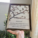 Romans 8:28 “God Works for the Good” Bible Verse in Refinished Vintage Detailed Wood Frame with Velvet Bow Hanger 8x10