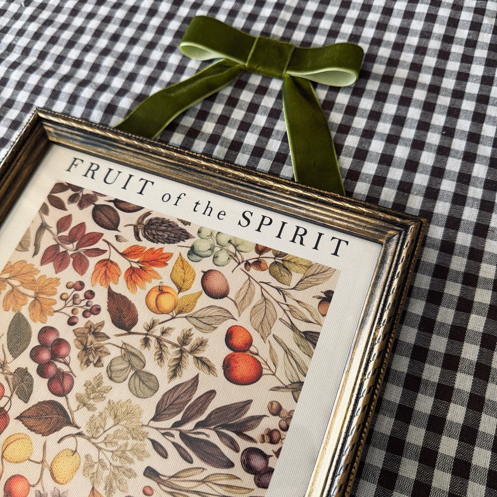 Fruit of the Spirit Bible Verse in Refinished Vintage Detailed Wood Frame with Velvet Bow Hanger 8x10