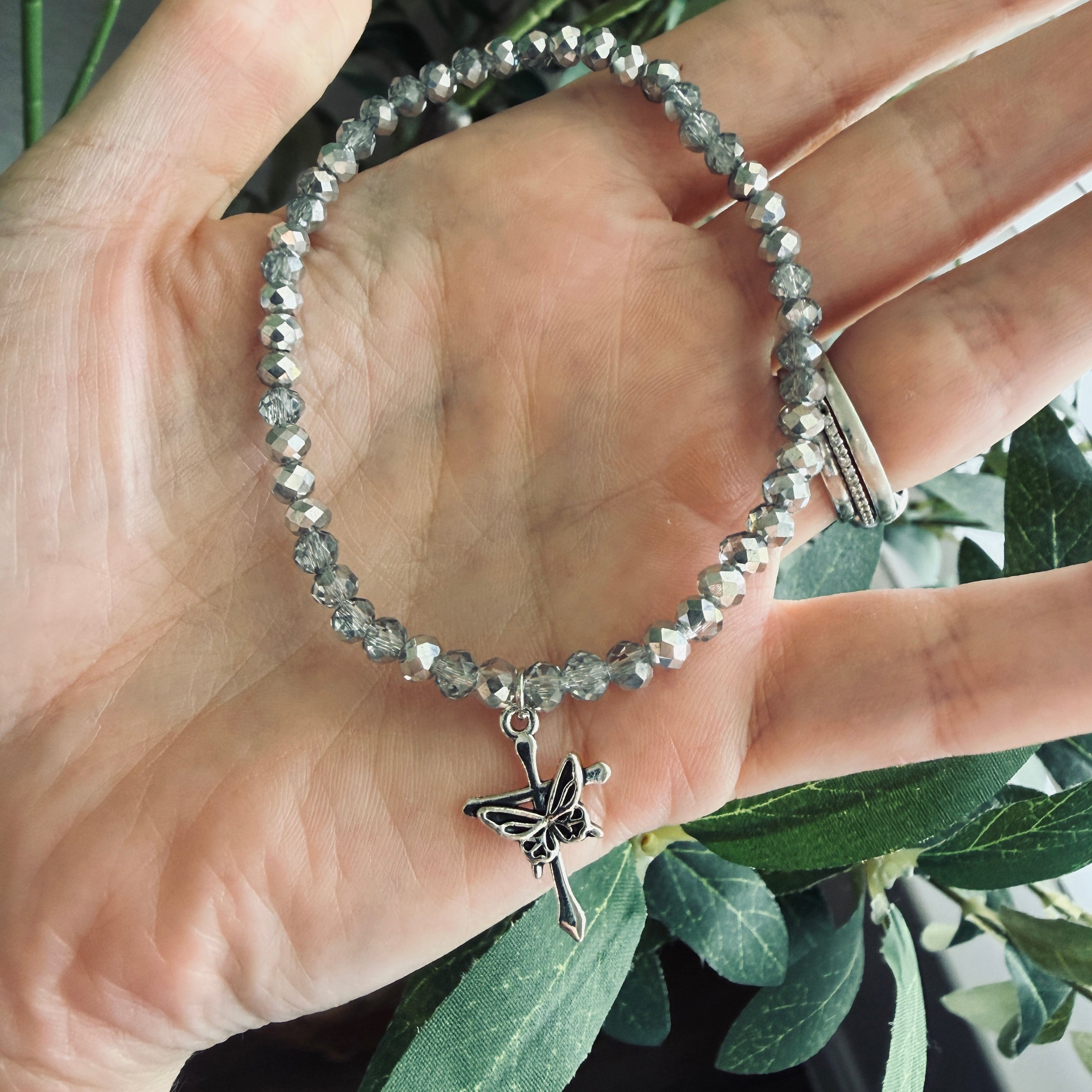 “New Creation” Handmade Glass Bead Stretch Bracelet with Butterfly Cross Charm
