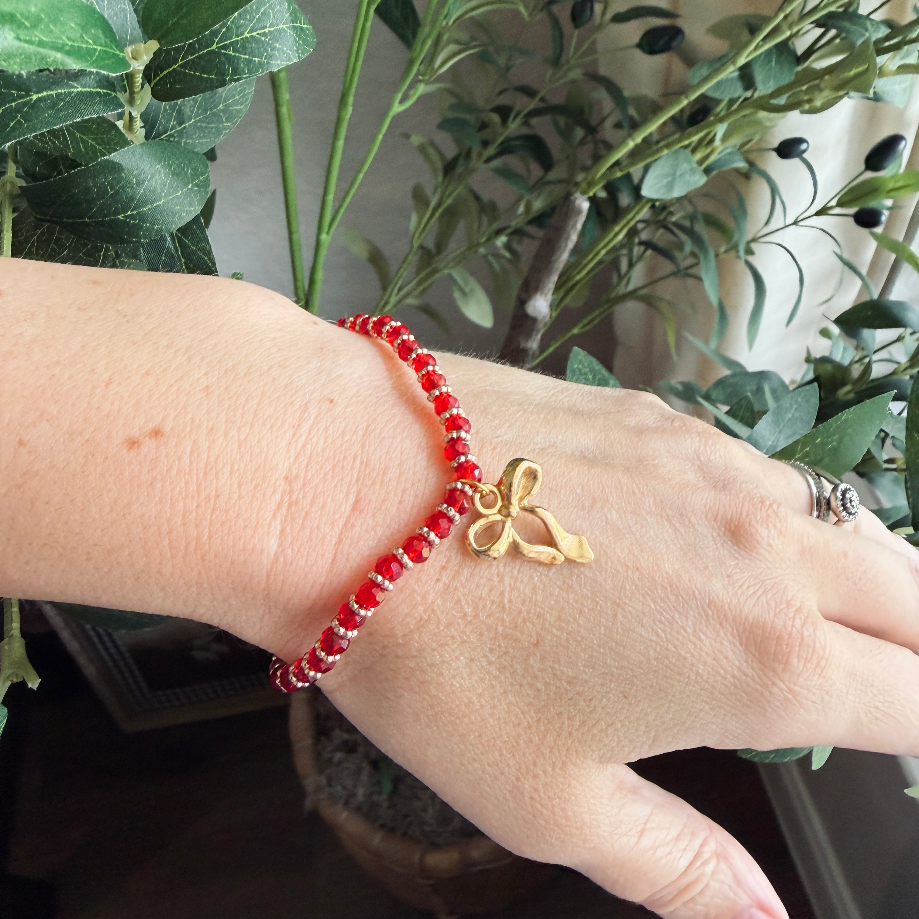 “More Precious Than Rubies” Handmade Glass Bead Stretch Bracelet with Bow Charm