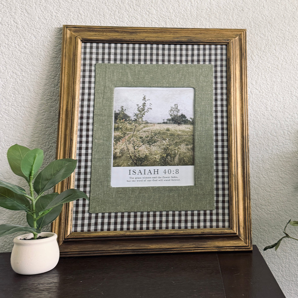 Isaiah 40:8 Bible Verse Print in Large Vintage Wood Refinished Frame with Layered Fabric Mat 18x22