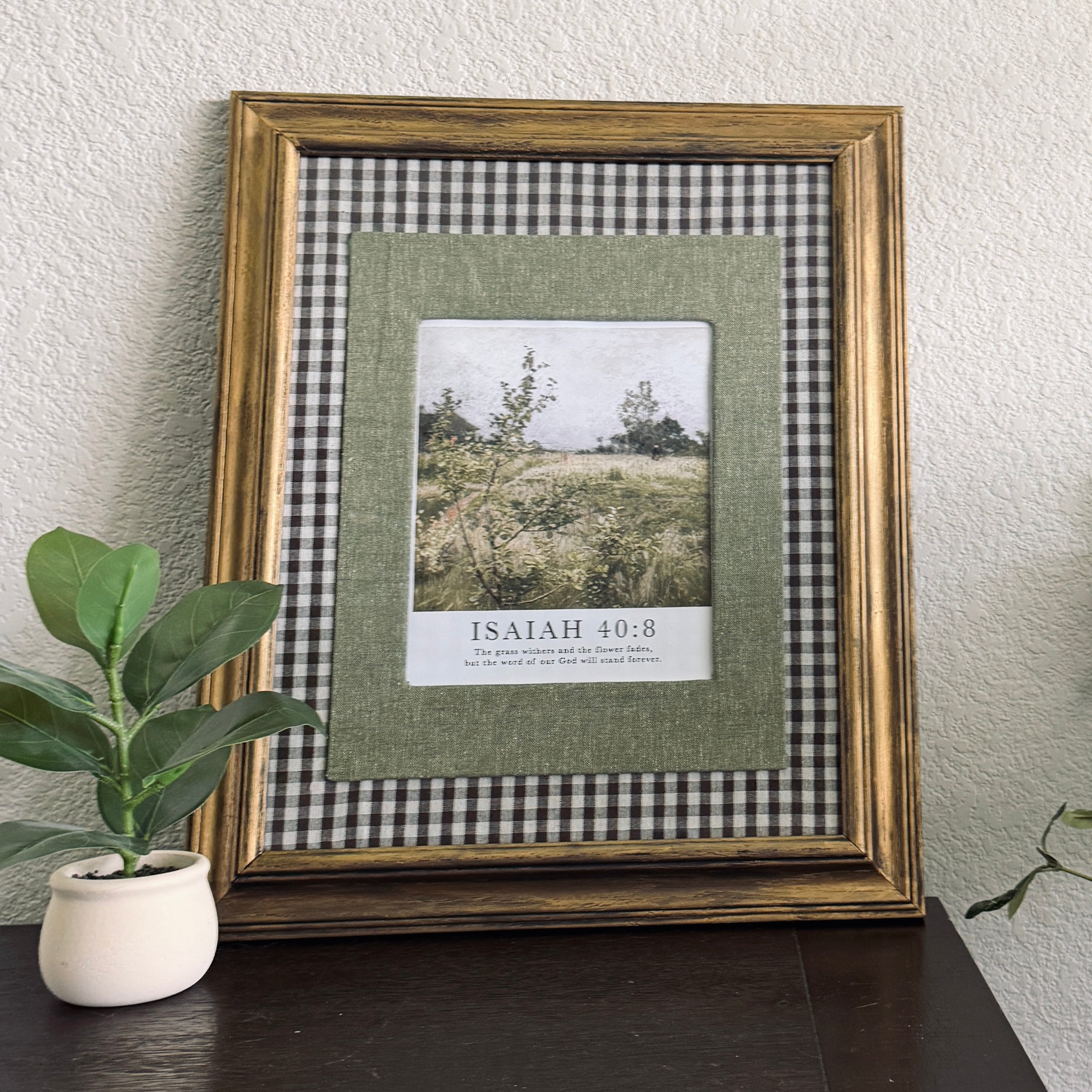Isaiah 40:8 Bible Verse Print in Large Vintage Wood Refinished Frame with Layered Fabric Mat 18x22