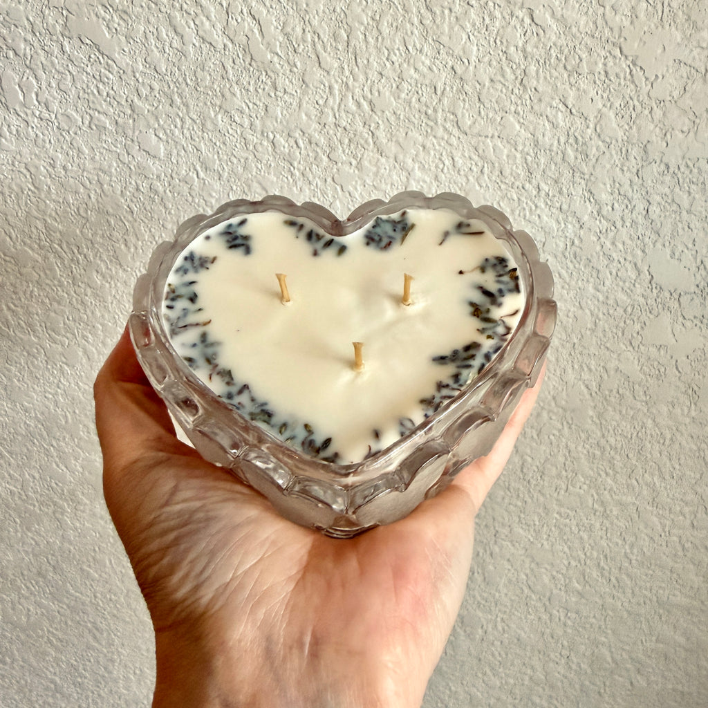 Clean Ingredient Hand Poured Candle in Vintage Heart Shaped Lidded Pressed Glass Trinket Dish