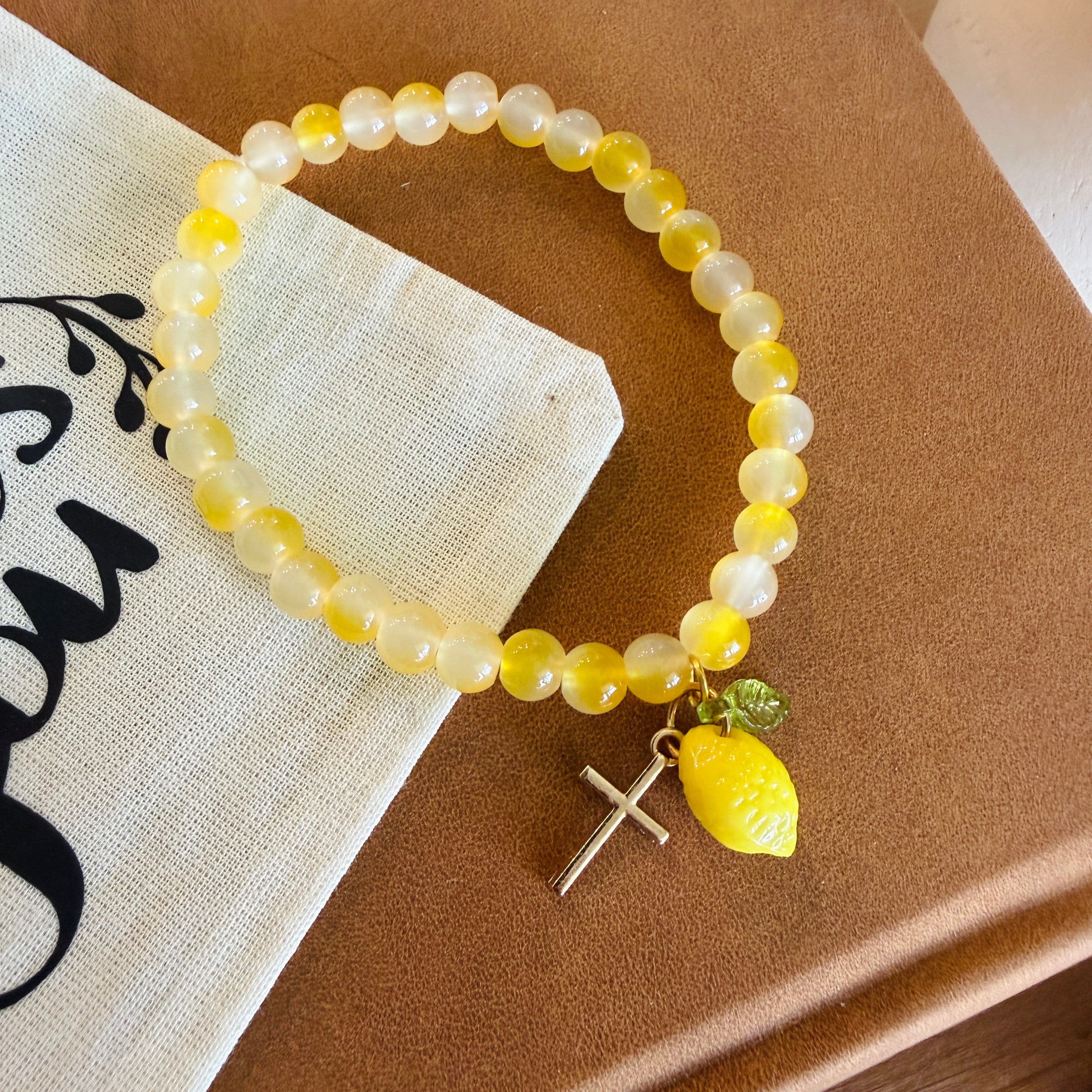 “Life Gives You Lemons, Jesus Makes Lemonade” Handmade Glass Bead Stretch Bracelet with Lemon and Cross Charm