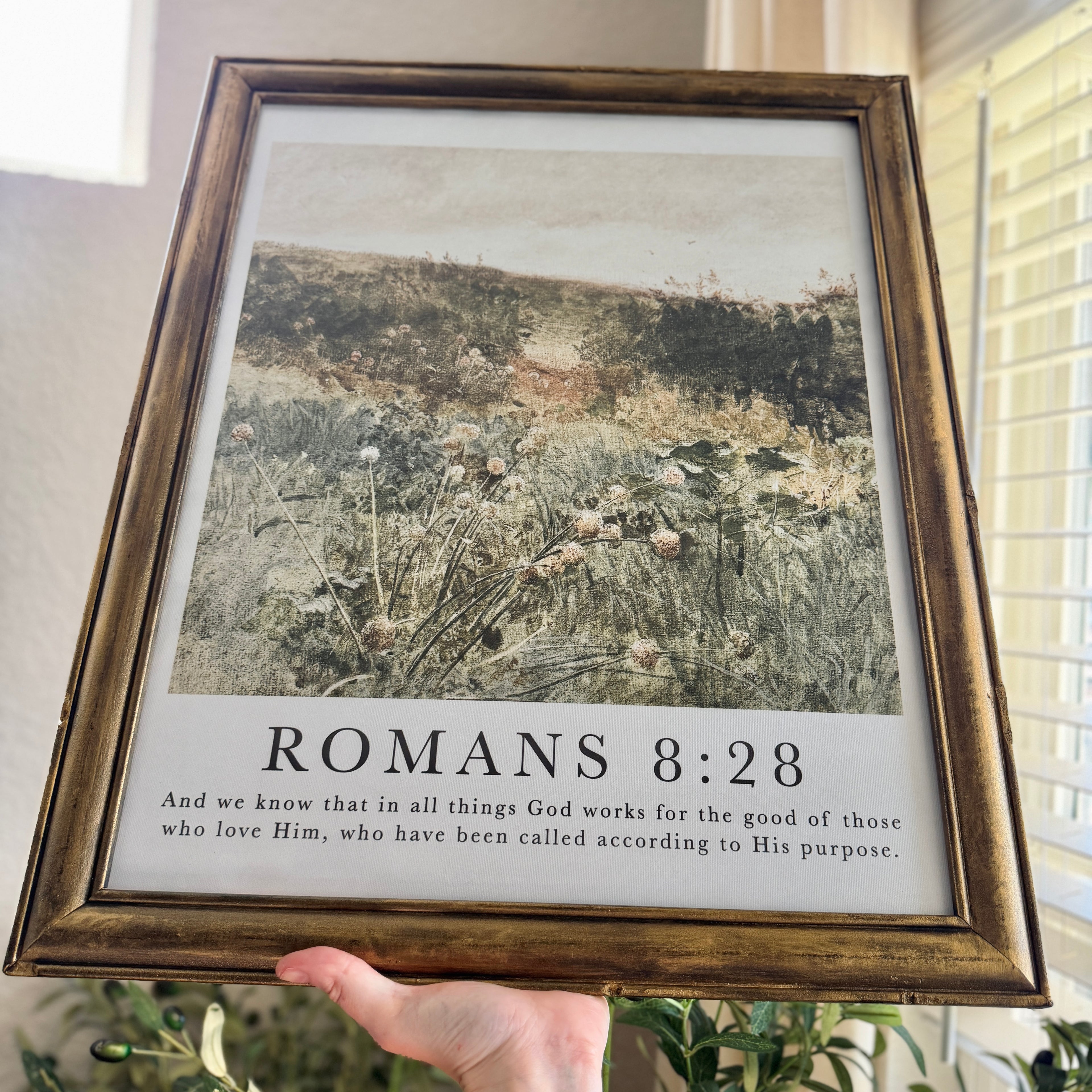 Romans 8:28 Bible Verse Print in Refinished Vintage Distressed Wood Frame 16x20