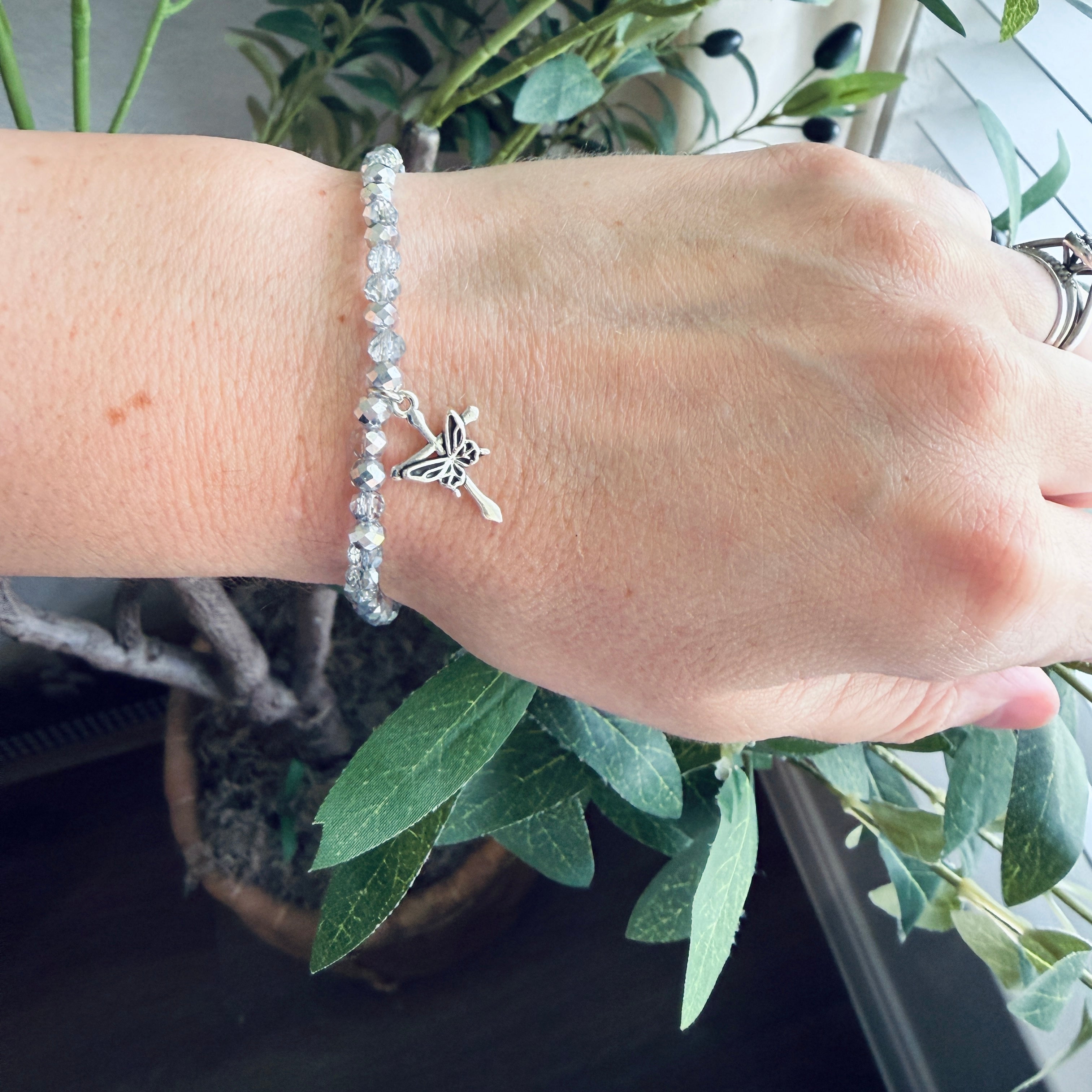“New Creation” Handmade Glass Bead Stretch Bracelet with Butterfly Cross Charm