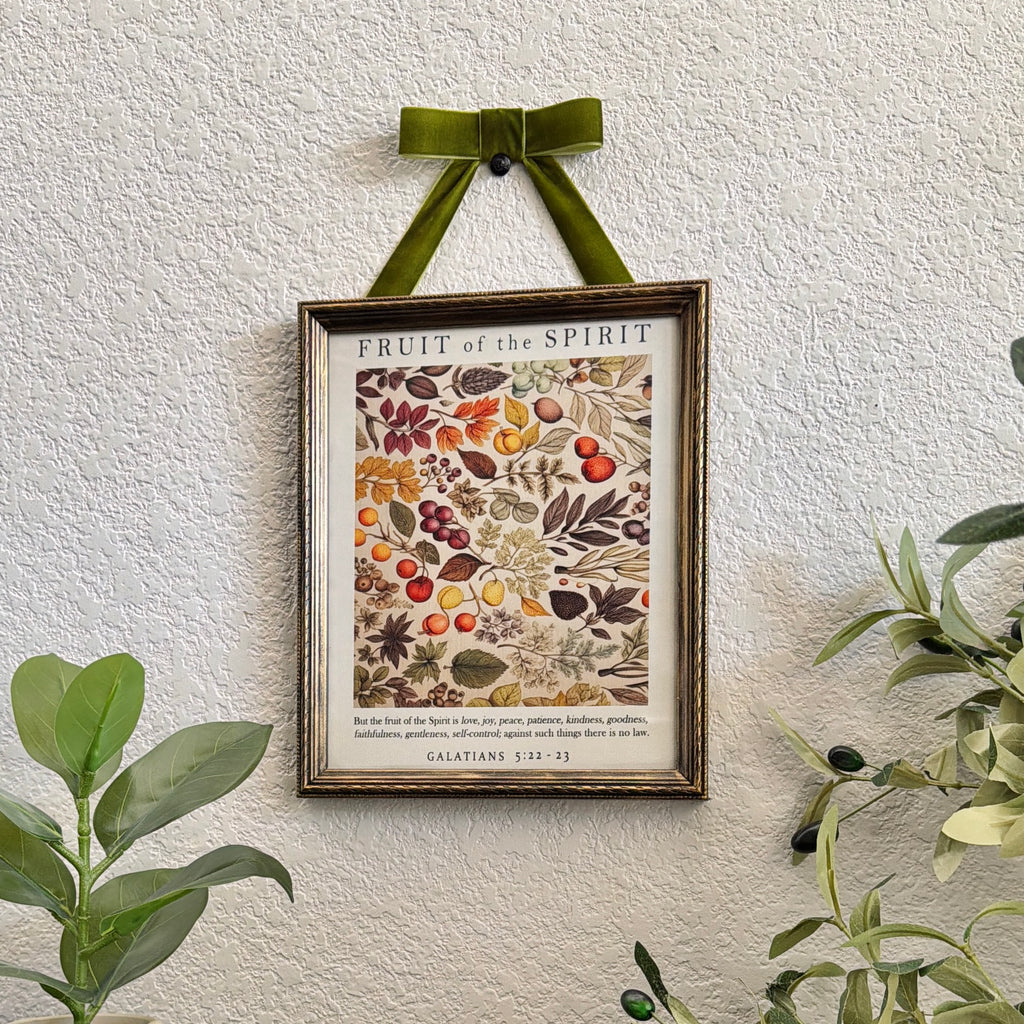Fruit of the Spirit Bible Verse in Refinished Vintage Detailed Wood Frame with Velvet Bow Hanger 8x10