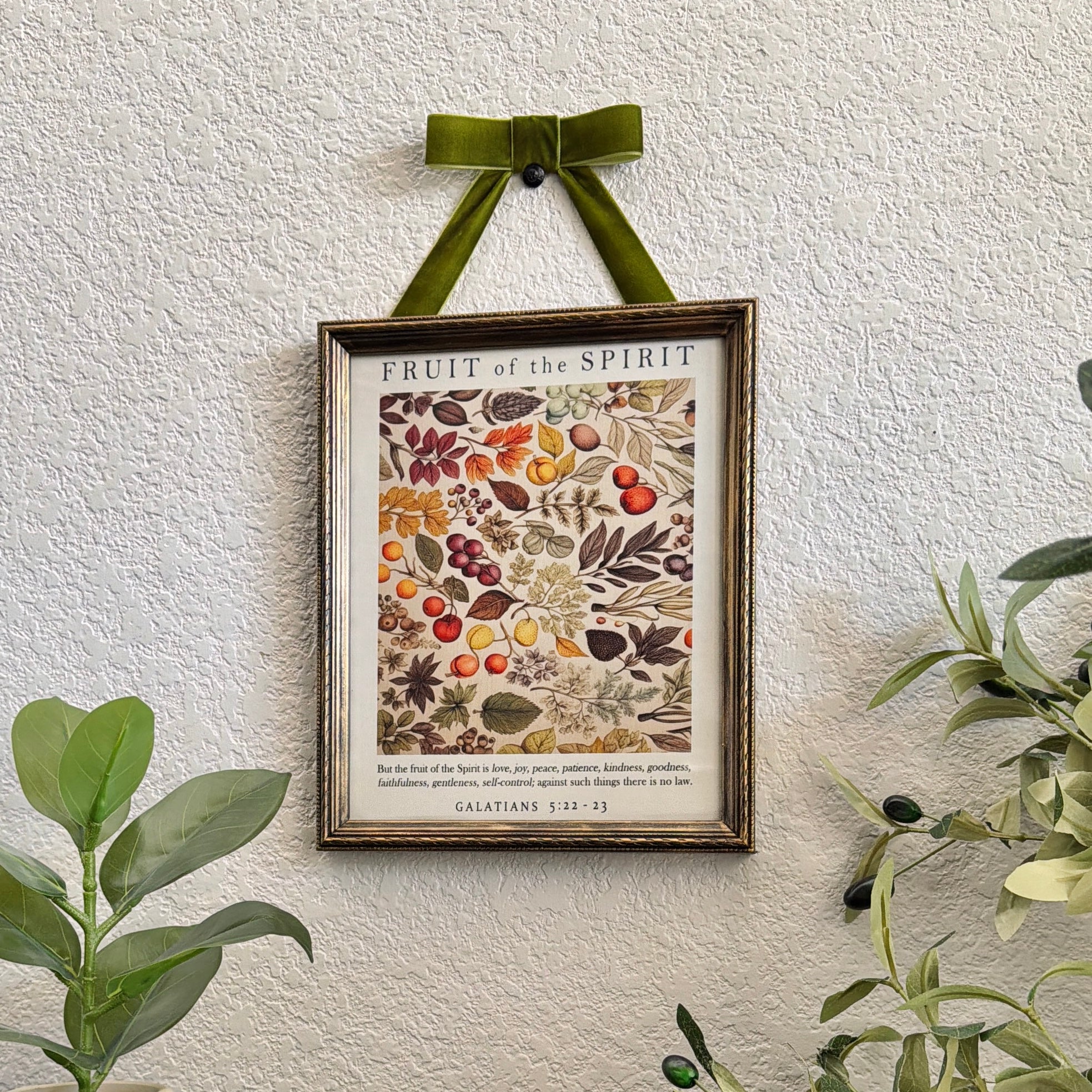 Fruit of the Spirit Bible Verse in Refinished Vintage Detailed Wood Frame with Velvet Bow Hanger 8x10