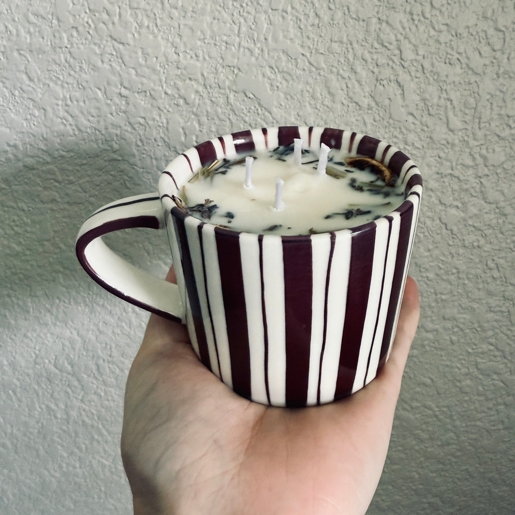 Clean Ingredient Hand Poured Candle in Maroon Striped Noon & Moon Glass Mug