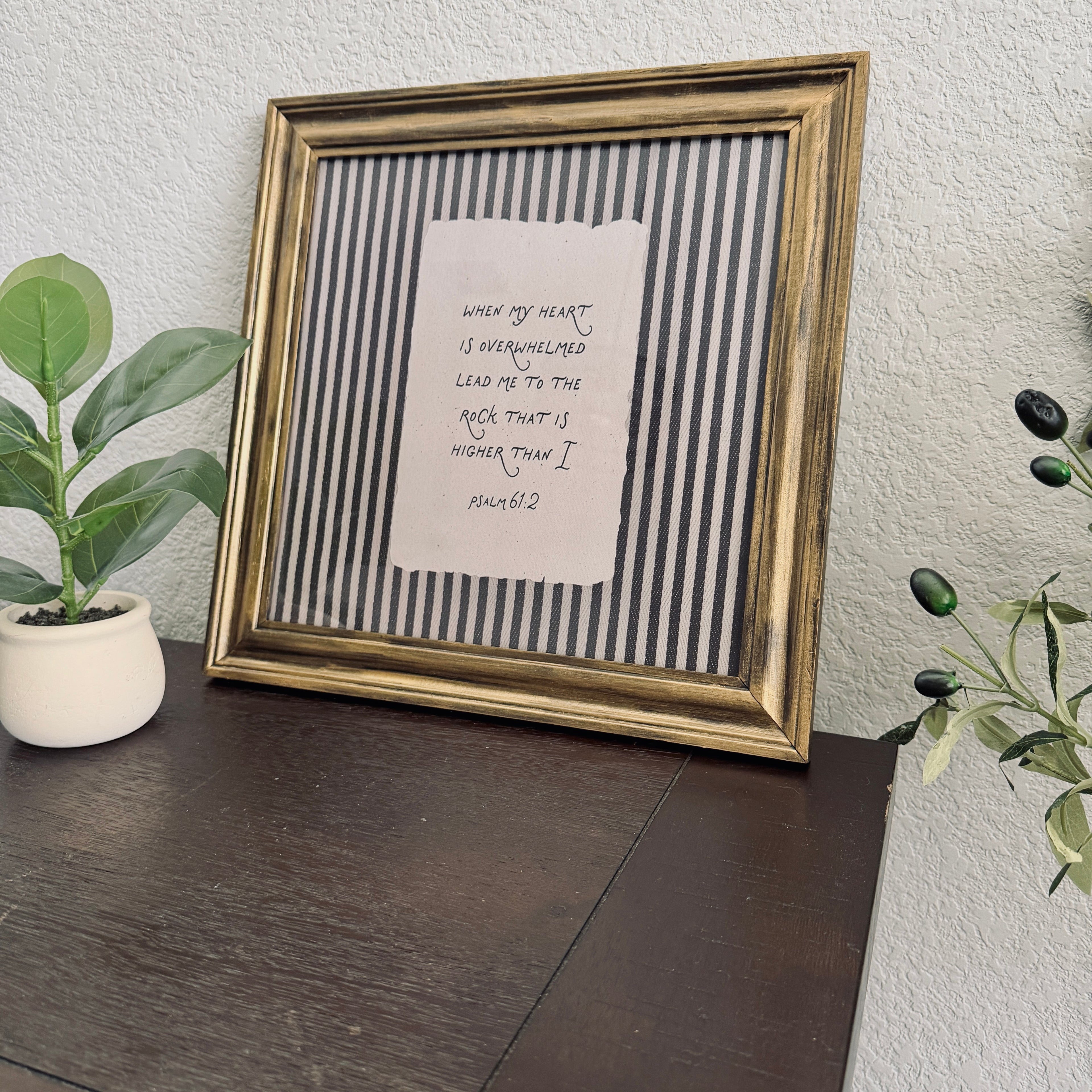 Psalm 61:2 “Lead me to the Rock” Verse Print in Refinished Vintage Wood Frame 14.5x14.5