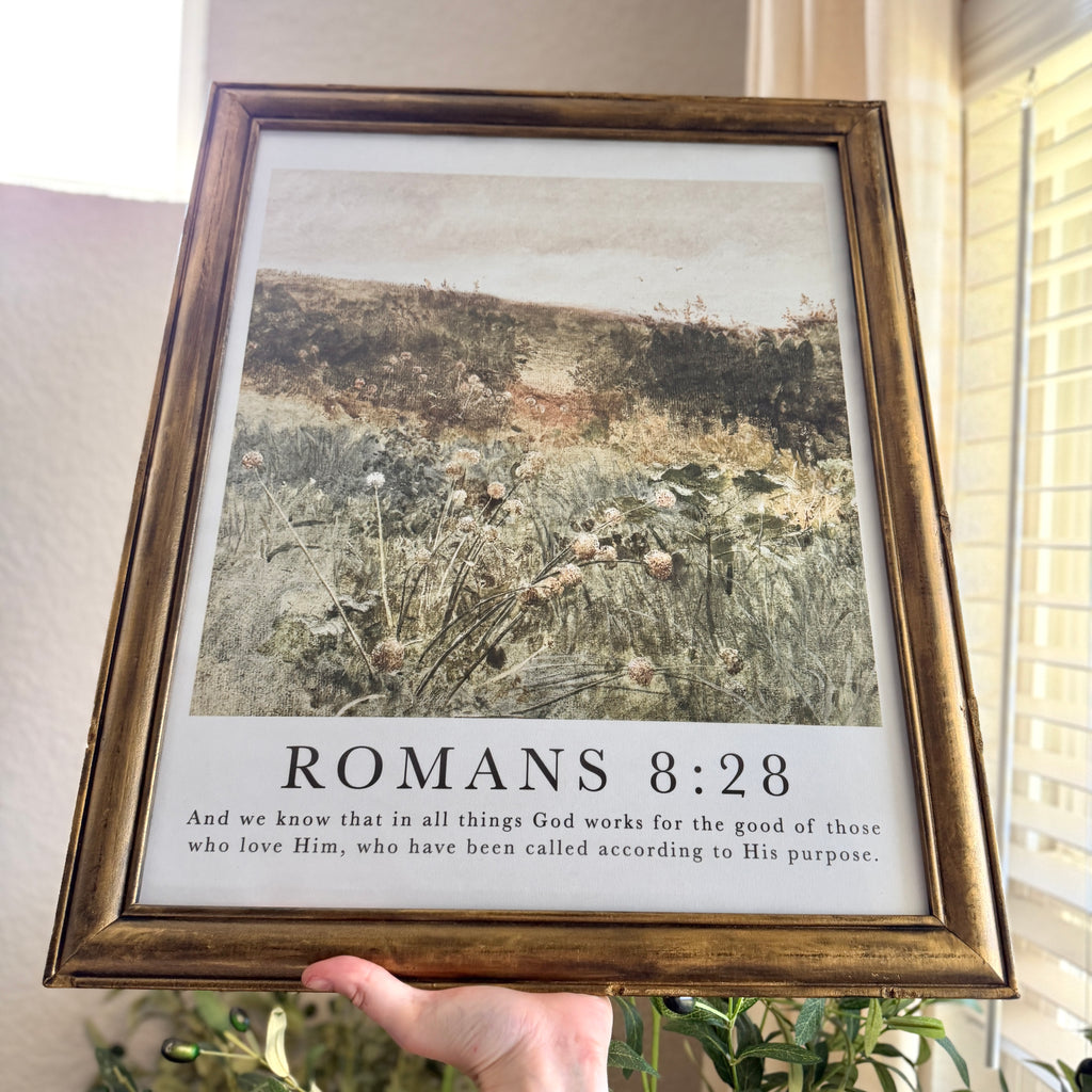 Romans 8:28 Bible Verse Print in Refinished Vintage Distressed Wood Frame 16x20