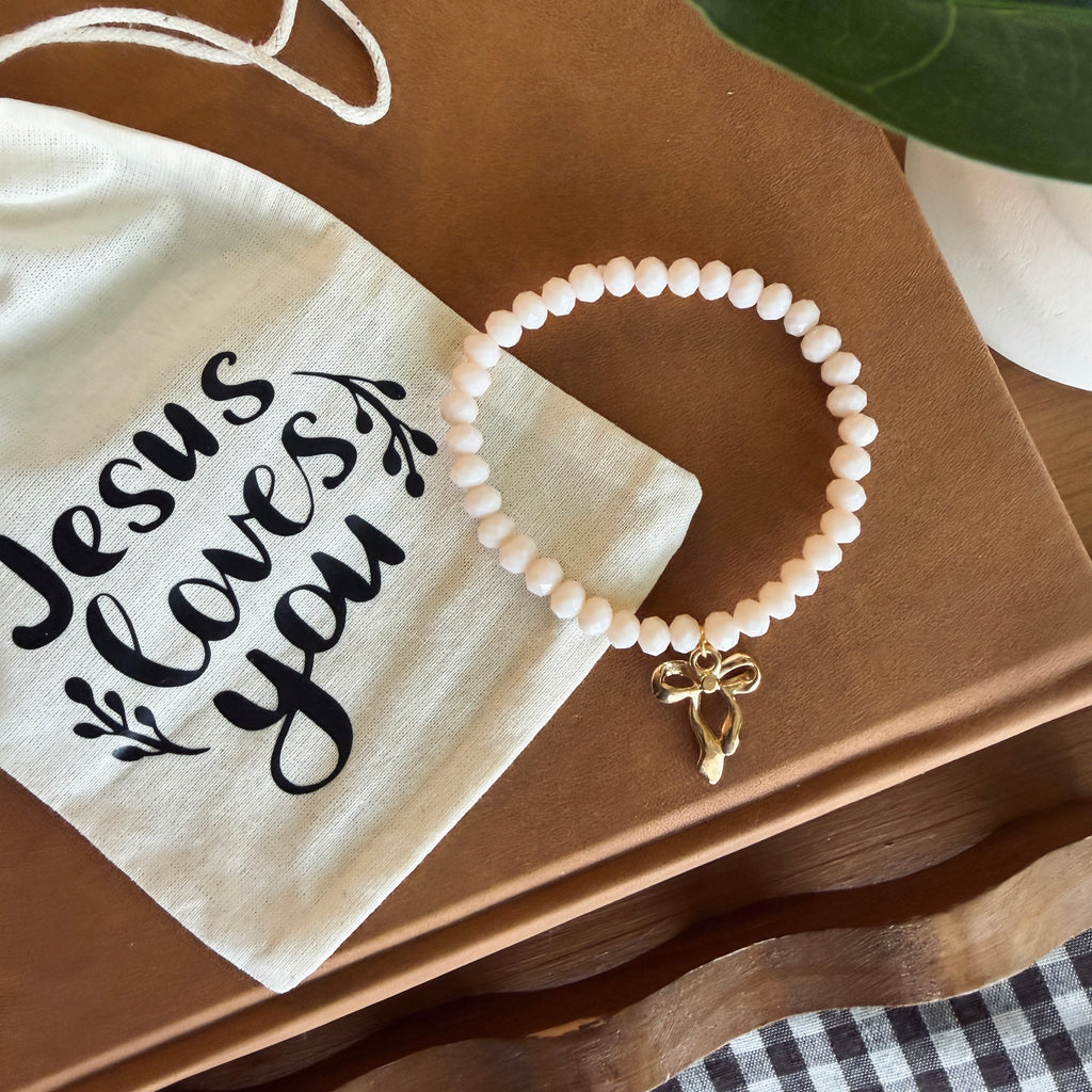 “God’s Girl” Handmade Glass Bead Stretch Bracelet with Bow Charm