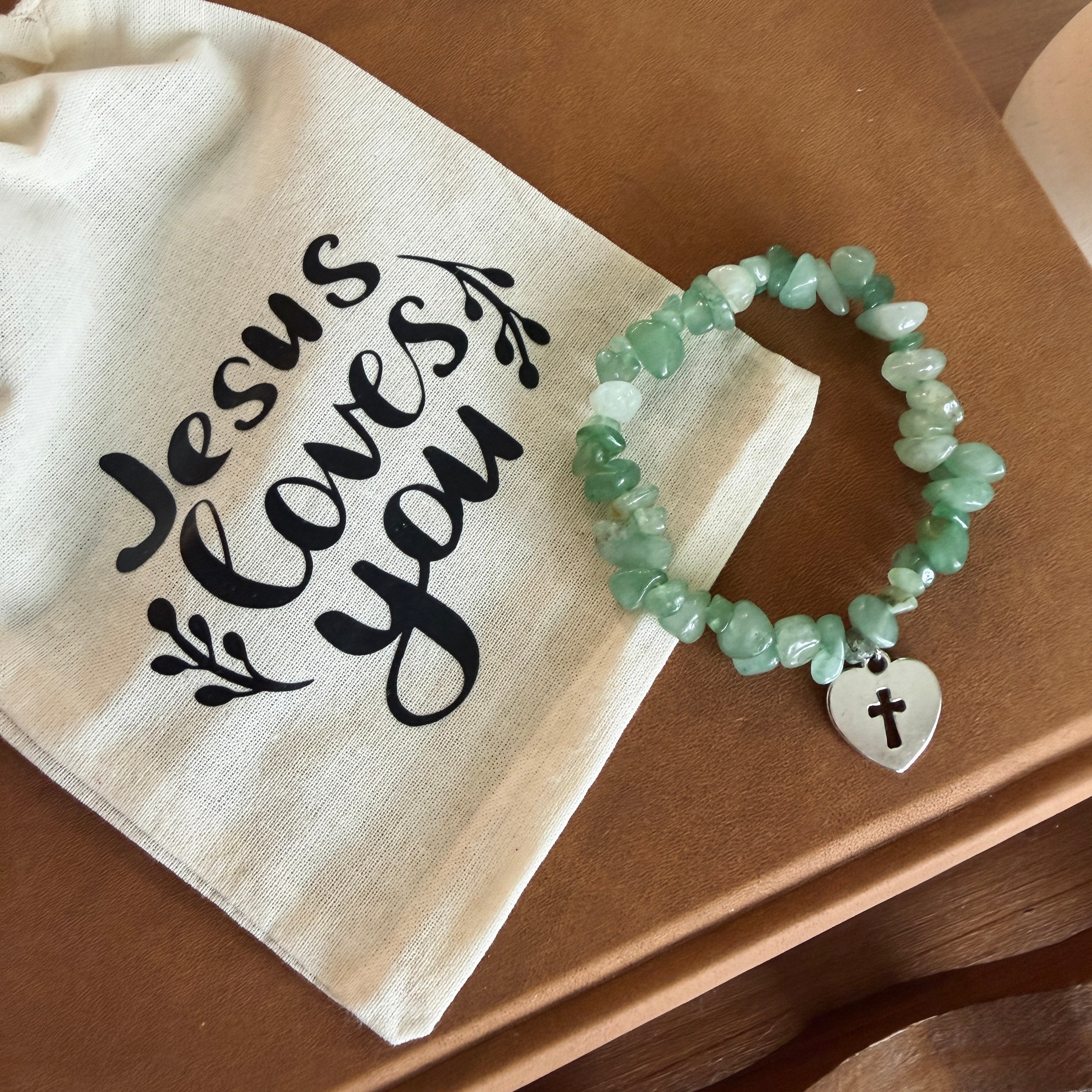 “King of my Heart” Handmade Glass Bead Stretch Bracelet with Heart w/ Cross Charm
