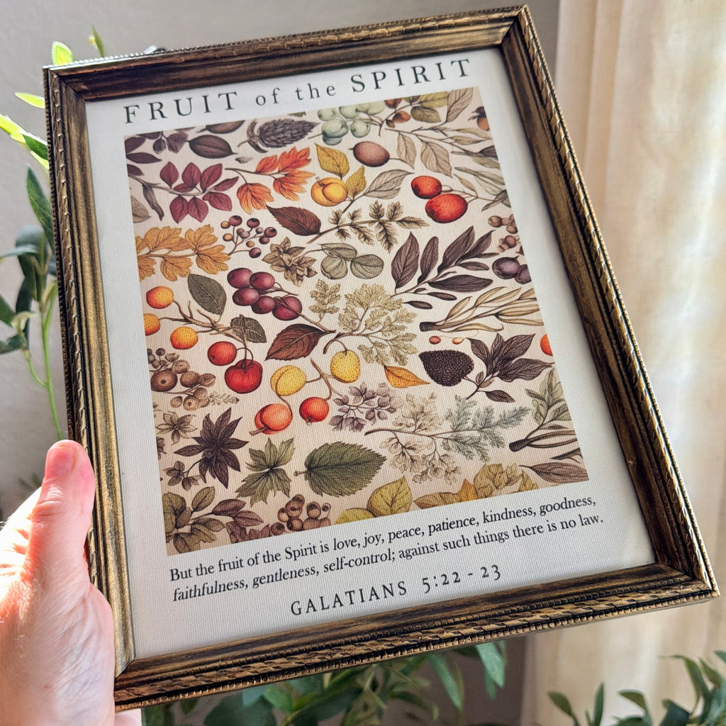 Fruit of the Spirit Bible Verse in Refinished Vintage Detailed Wood Frame with Velvet Bow Hanger 8x10
