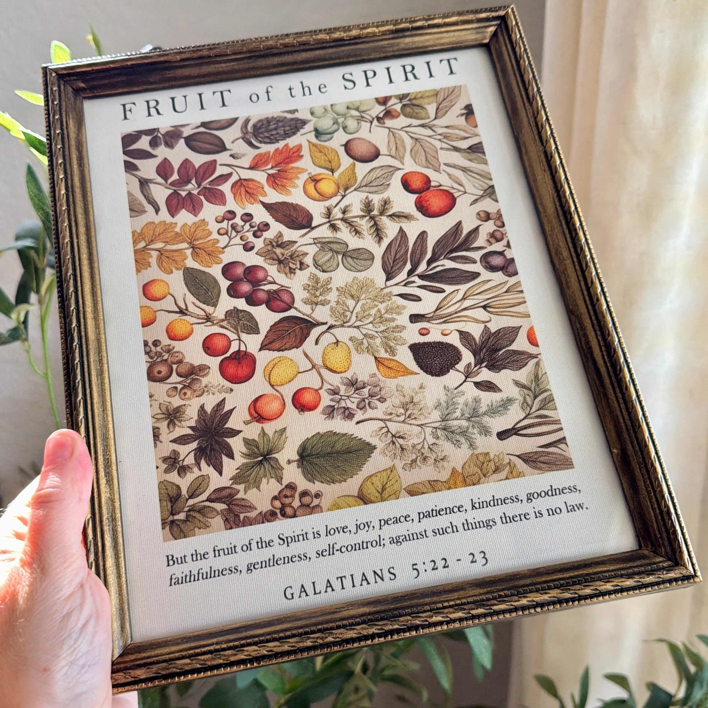Fruit of the Spirit Bible Verse in Refinished Vintage Detailed Wood Frame with Velvet Bow Hanger 8x10