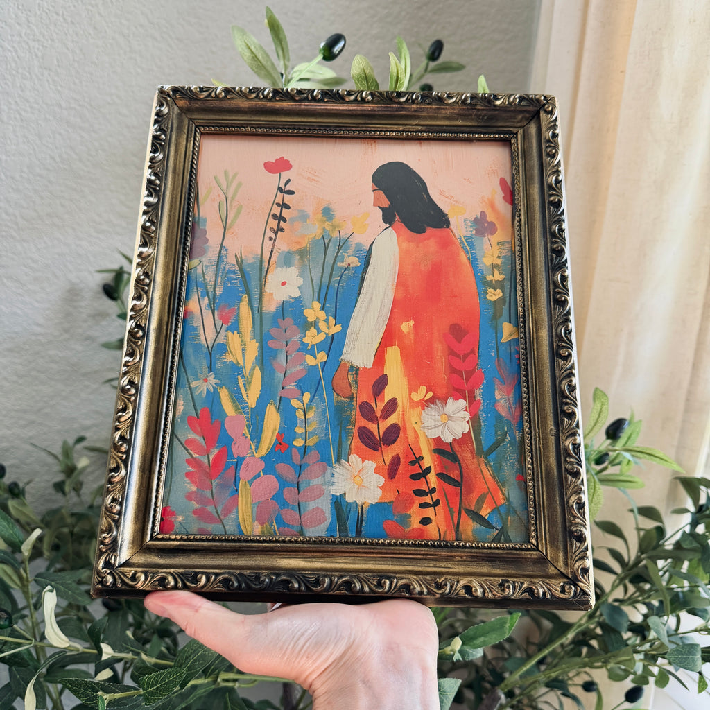 “Bloom with Christ” Jesus in Flowers in Refinished Vintage Detailed Ornate Wood Frame 8x10