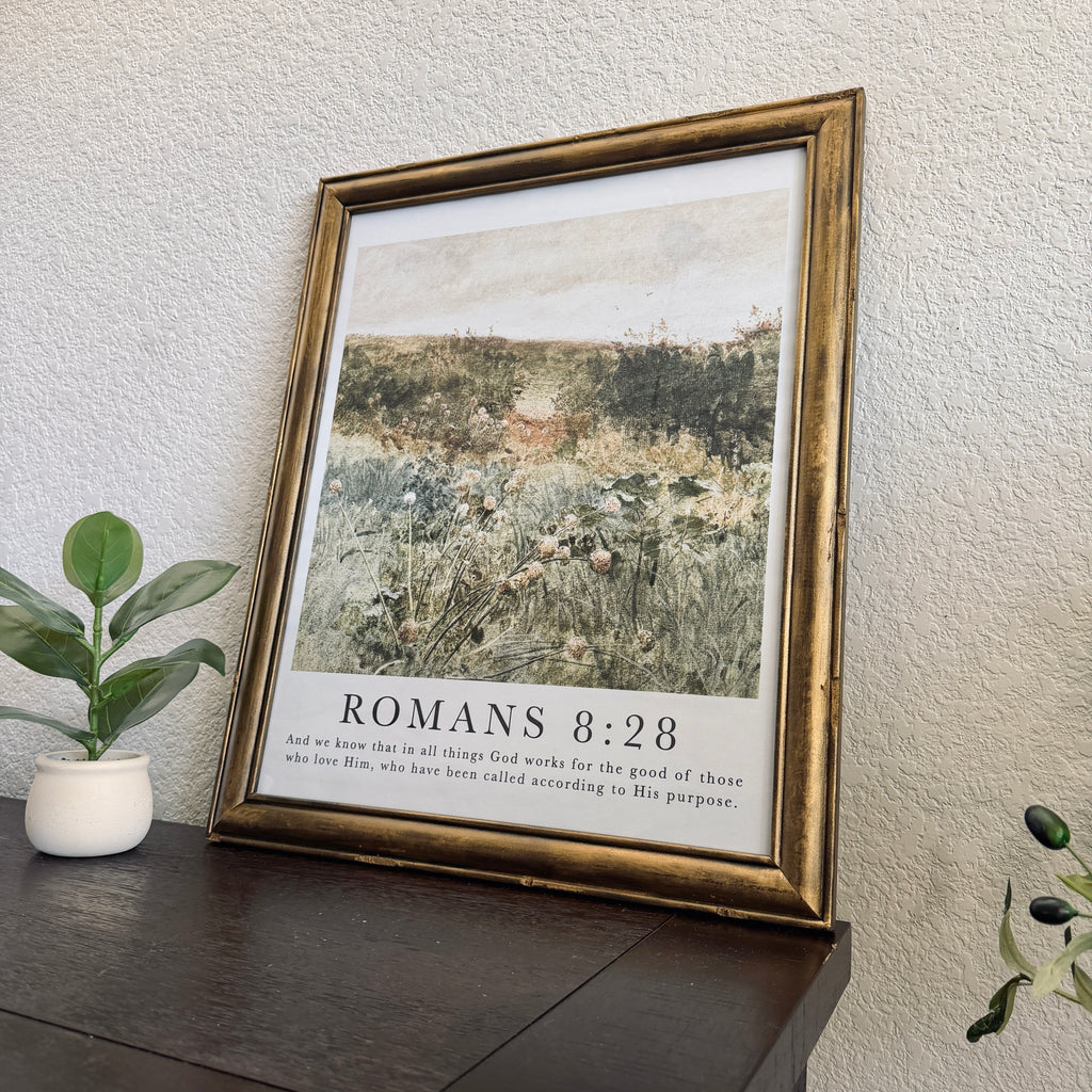 Romans 8:28 Bible Verse Print in Refinished Vintage Distressed Wood Frame 16x20