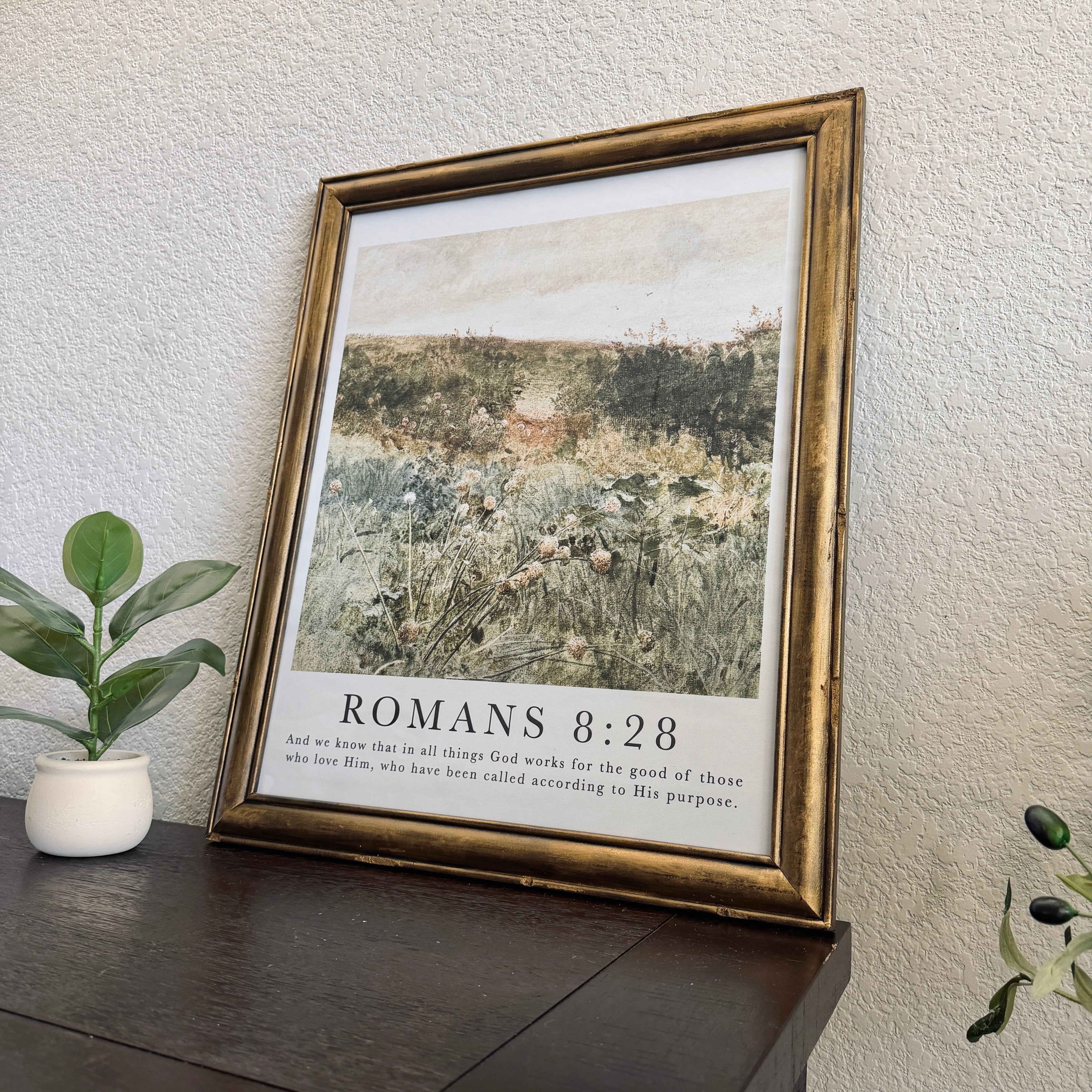 Romans 8:28 Bible Verse Print in Refinished Vintage Distressed Wood Frame 16x20