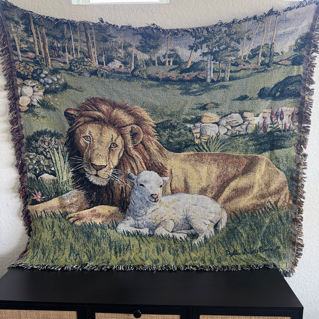 Vintage The Lion and The Lamb Tapestry Throw Blanket