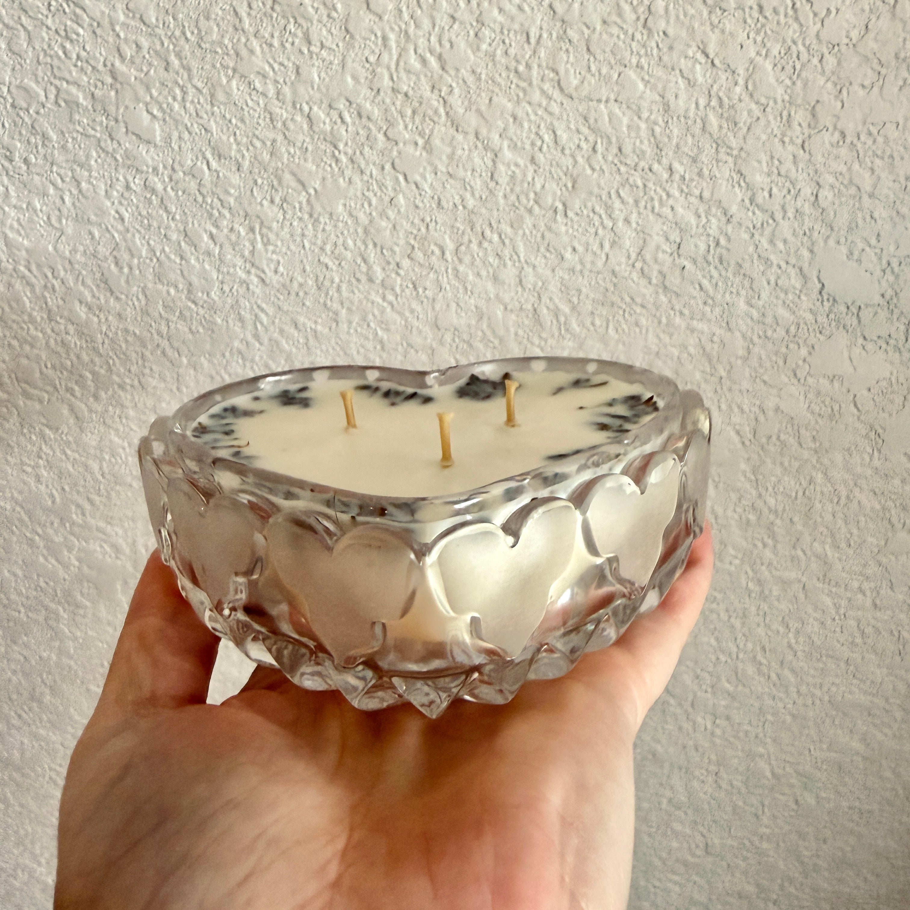 Clean Ingredient Hand Poured Candle in Vintage Heart Shaped Lidded Pressed Glass Trinket Dish