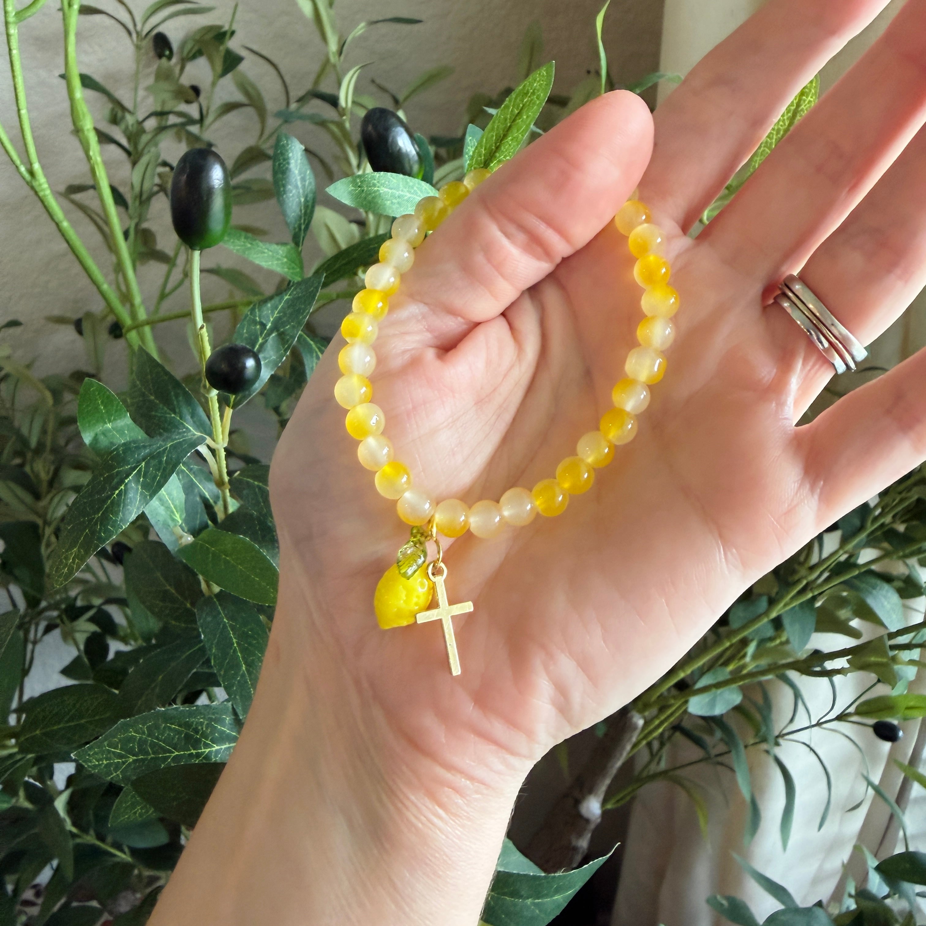 “Life Gives You Lemons, Jesus Makes Lemonade” Handmade Glass Bead Stretch Bracelet with Lemon and Cross Charm