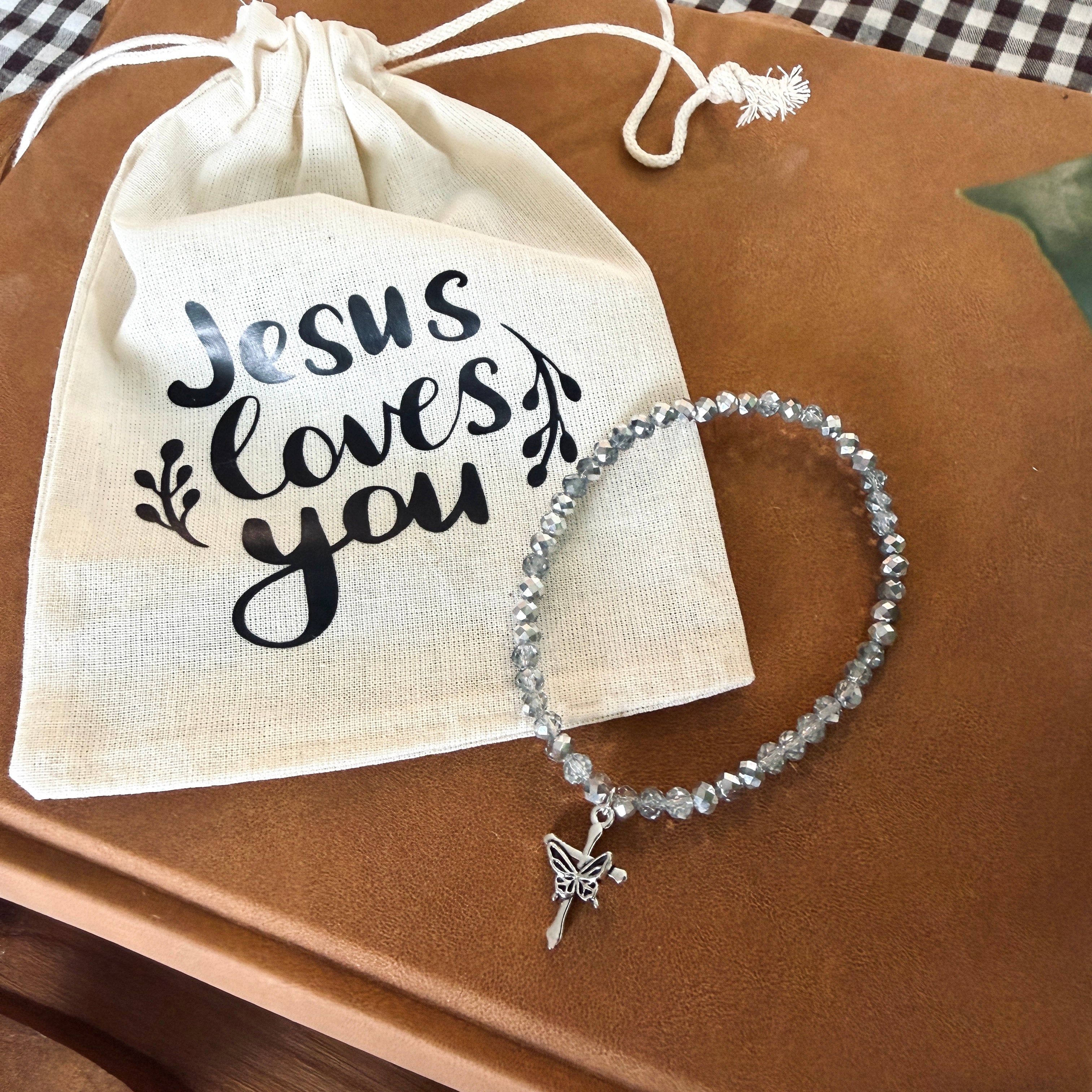 “New Creation” Handmade Glass Bead Stretch Bracelet with Butterfly Cross Charm