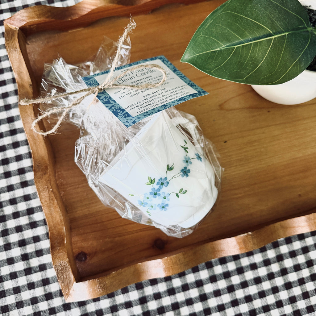 Clean Ingredient Hand Poured Candle in Vintage Blue Flower Tea Cup