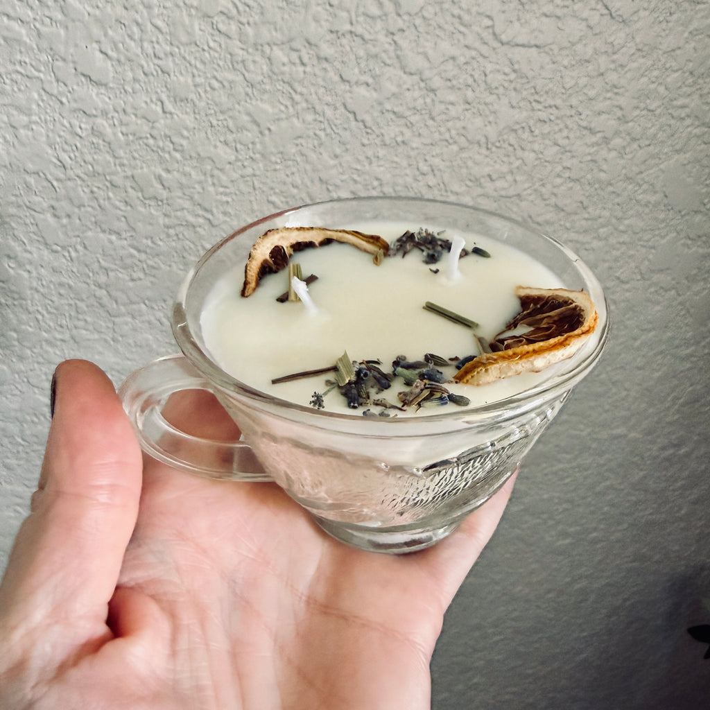 Clean Ingredient Hand Poured Candle in Vintage Leaves Pressed Glass Tea Cup