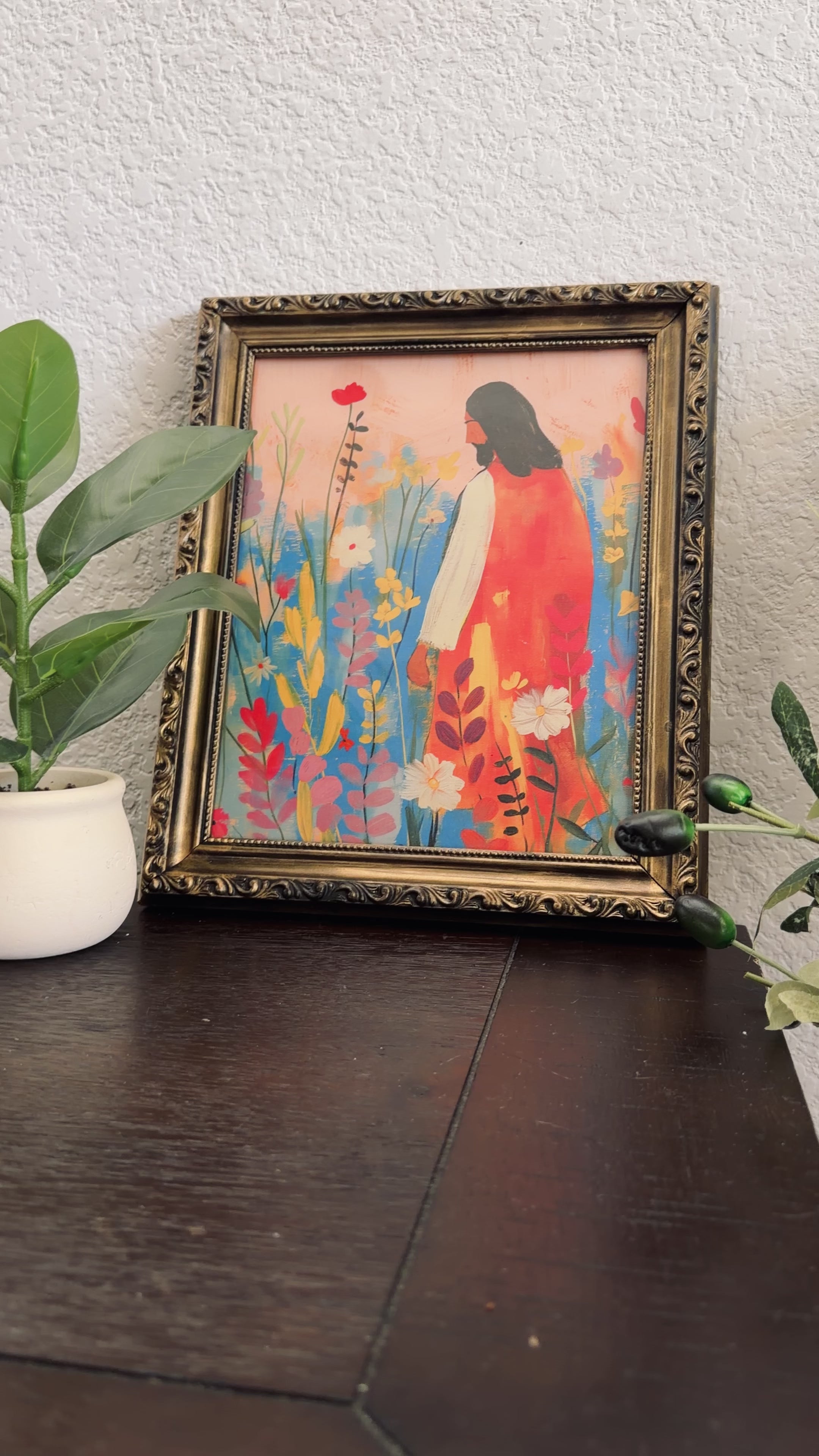 “Bloom with Christ” Jesus in Flowers in Refinished Vintage Detailed Ornate Wood Frame 8x10