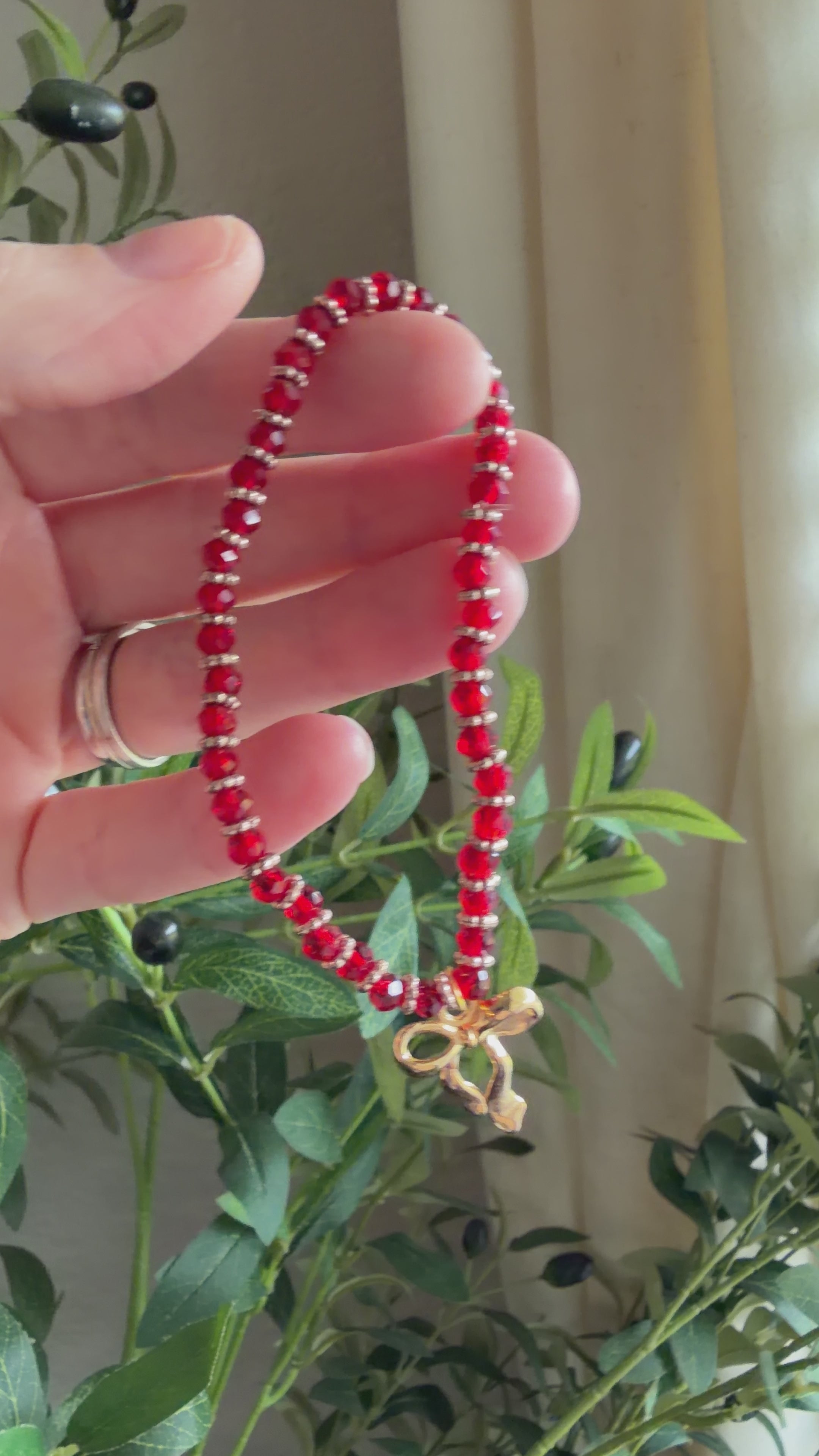 “More Precious Than Rubies” Handmade Glass Bead Stretch Bracelet with Bow Charm