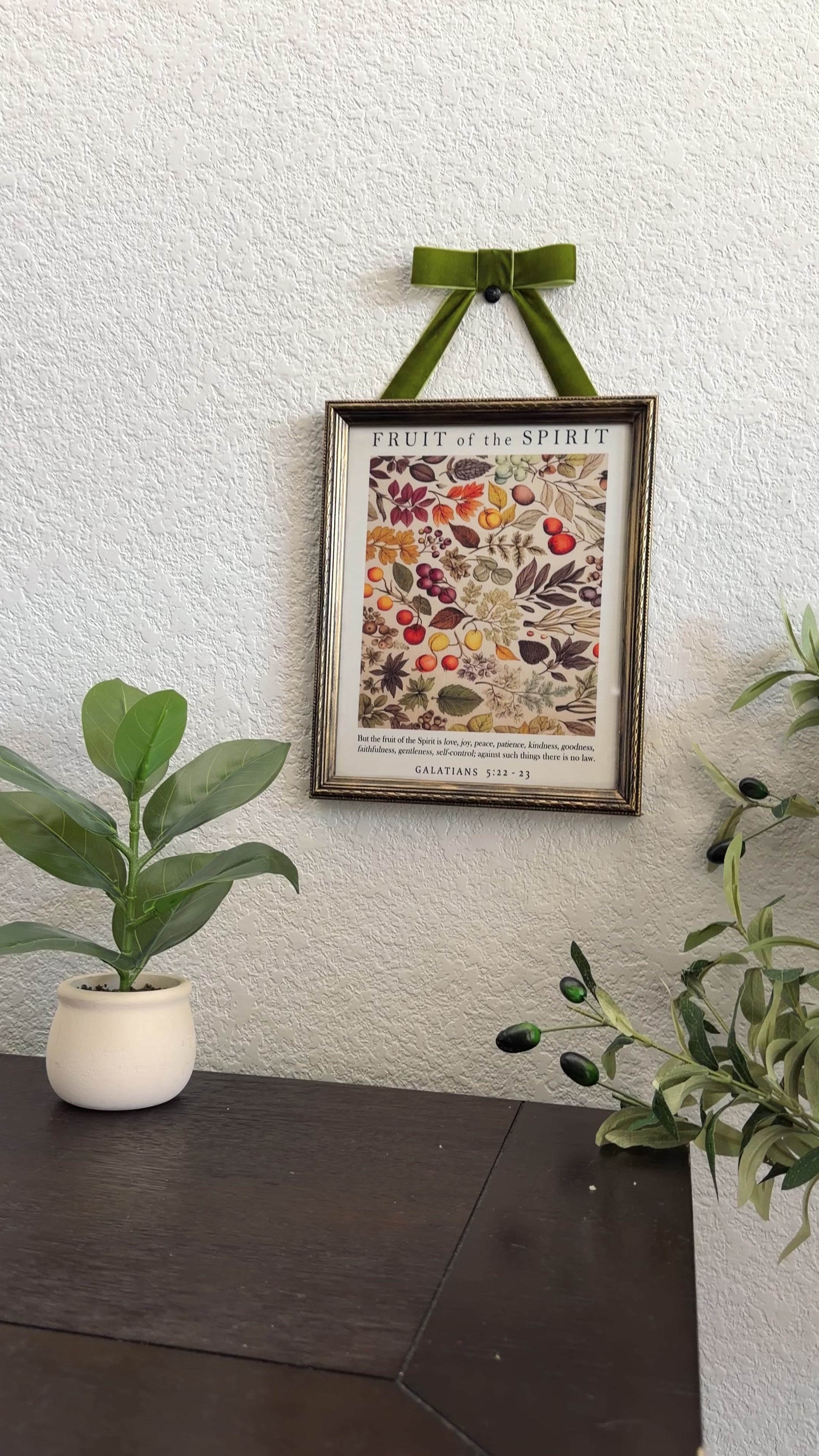 Fruit of the Spirit Bible Verse in Refinished Vintage Detailed Wood Frame with Velvet Bow Hanger 8x10
