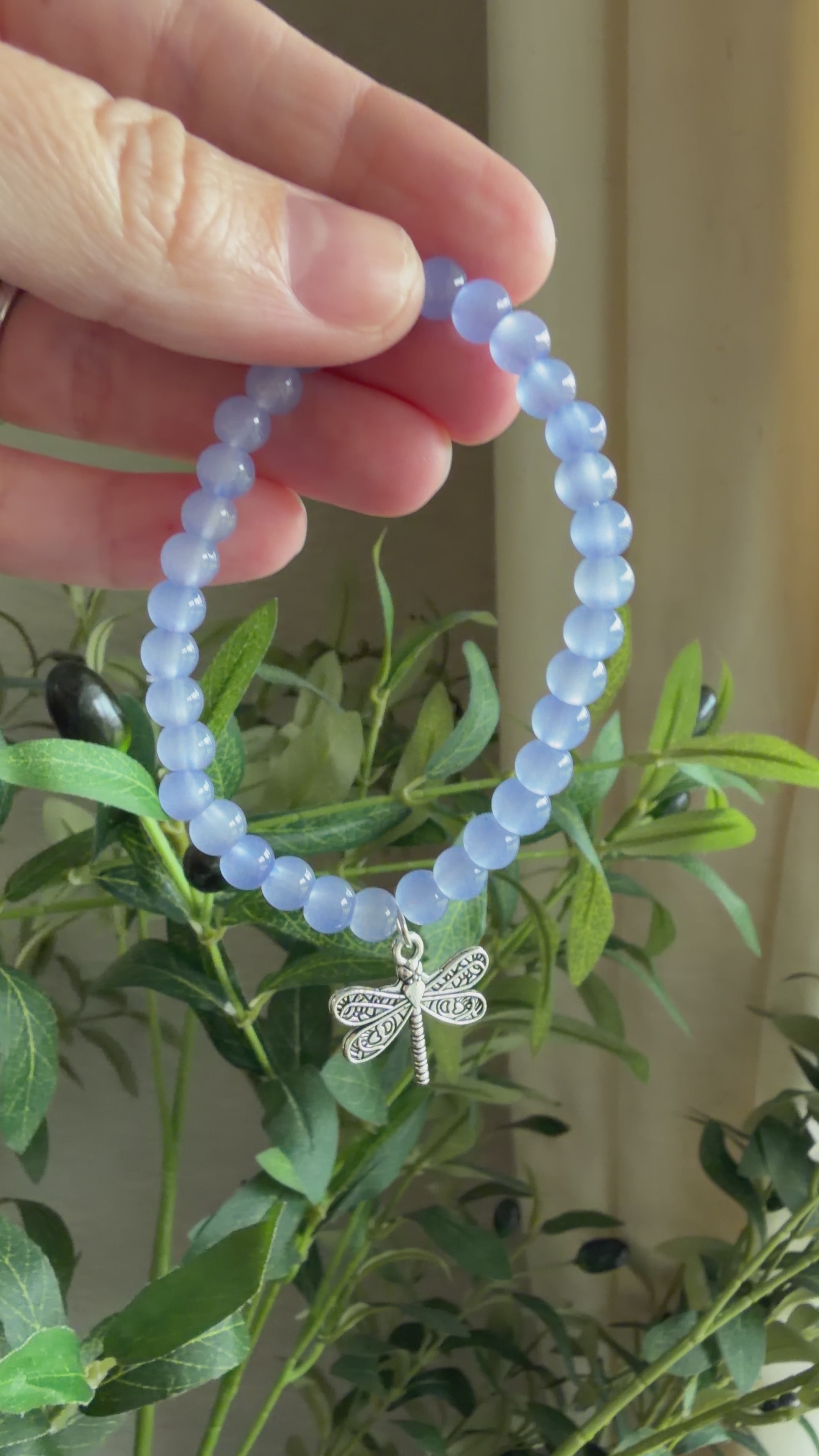 “Under His Wings” Handmade Glass Bead Stretch Bracelet with Dragonfly Charm